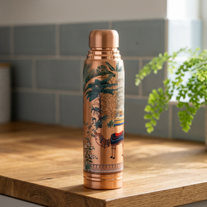 Thermos en cuivre avec motif de palmier oriental et de chameau, bouteille de voyage portable - Product Image 1