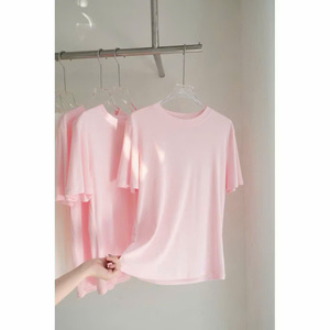 T-shirt à manches courtes col rond rose pour femme, coupe classique, en coton tricoté, couleur unie, décontracté, printemps été, respirant - Product Image 1