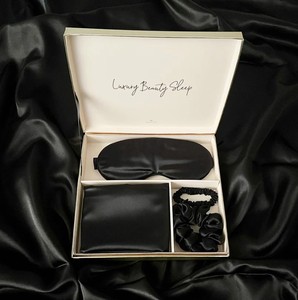 Set Scrunchie Rambut Sutra Mewah Custom, Sarung Bantal Sutra Satin dengan Ritsleting dan Masker Mata dalam Kotak - Product Image 4