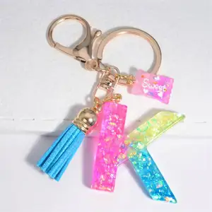 Mignon brillant résine A-Z initiale porte-clés porte-clés bleu gland pour femmes sac sac à main décor arc-en-ciel doux bonbons papier lettre porte-clés