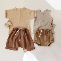 1 Buah Label Pribadi Pakaian Anak Laki-laki Musim Panas Atasan Lengan Pendek Rompi Tanpa Lengan Celana Kolor Pendek Bloomer Linen Pakaian Bayi Perempuan