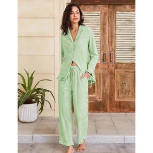 FOXA Womens Striped Pajama Set 2 Piece Cotton Button <b>Down</b> Top Straight Leg <b>Pants</b> With Pockets Sleepwear - Product Image 3