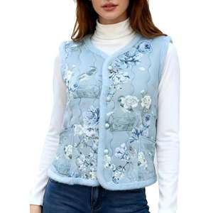 Elegante <span class=keywords><strong>Chaleco</strong></span> de Invierno de Inspiración China, Estampado Floral Azul Claro con Ribete de Terciopelo Suave, Ropa Casual para Reuniones para Mujeres de Mediana Edad - Product Image 1