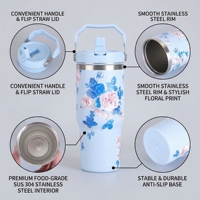 Tumbler Vakum Stainless Steel Dinding Ganda 30oz Grosir dengan Gagang dan Sedotan, Tutup Sedotan Lipat Anti Bocor, Mug Kopi untuk Perjalanan