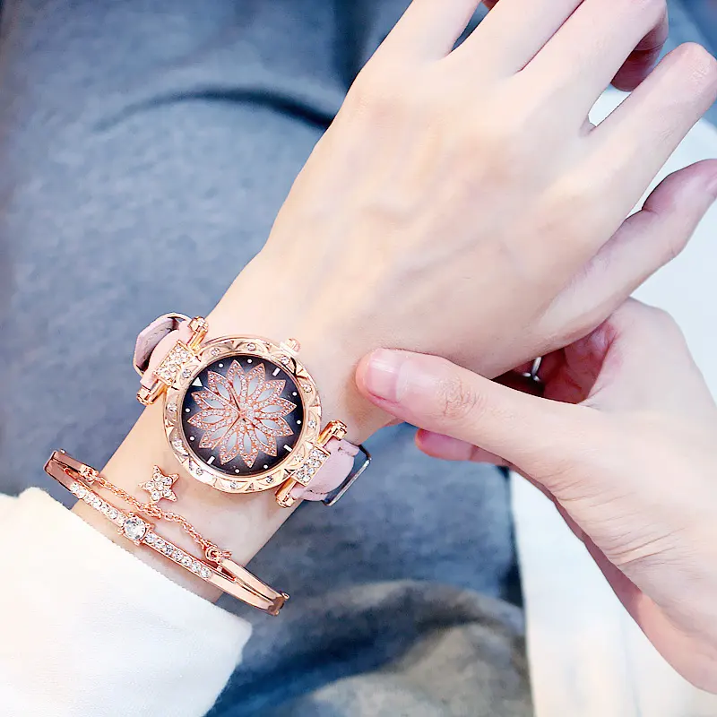 Lussuoso orologio e bracciale al quarzo da donna con quadrante con diamanti a cielo stellato alla moda orologio al quarzo economico da donna