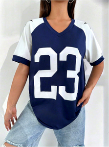 Camiseta de béisbol con cuello en V para mujer, número 23, manga corta, ajuste holgado, ropa deportiva transpirable de poliéster - Product Image 4