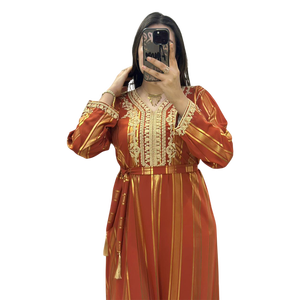 Women's <b>Plus</b> <b>Size</b> <b>KAFTAN</b> V Neck Long Sleeve Embroidered Striped Modest Loose Fit Middle East Style Daily Wear Dress - Product Image 2