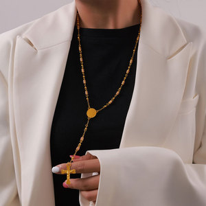 Religious Medieval Vintage Jewelry 316L Stainless Steel 14k 18k Gold Plated Bead Faith Cross <b>Rosary</b> Necklace for Women wholesale - Product Image 3