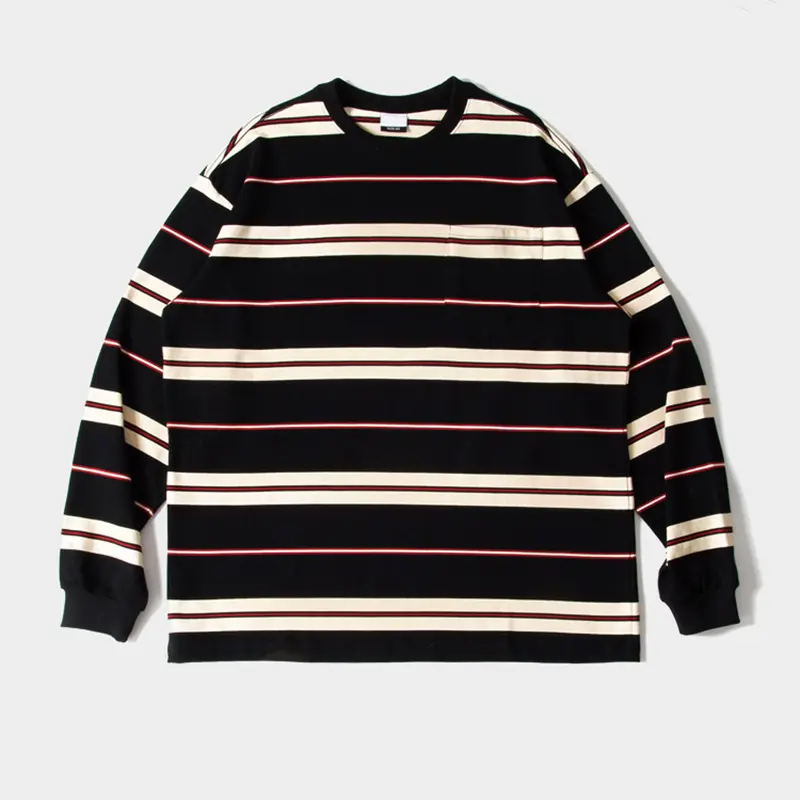 2021 Men's Street Casual Loose Horizontal Color Striped T-Shirt Custom Weaving 320G Striped Garment Washing Long Sleeve