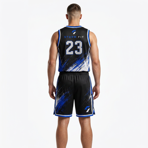 Storm Fit Men's Basketball Uniform Set Sublimated Print Quick Dry Sleeveless V-Neck <b>Athletic</b> Blue White 23 - Product Image 2