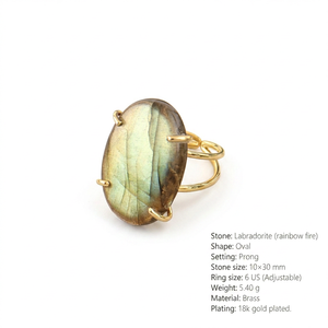 <b>Labradorite</b> Oval Shape Gemstone Brass <b>Ring</b> 18k Gold Plated Double Band Adjustable <b>Ring</b> Bohemian Style for Unisex Fashion Jewelry - Product Image 1