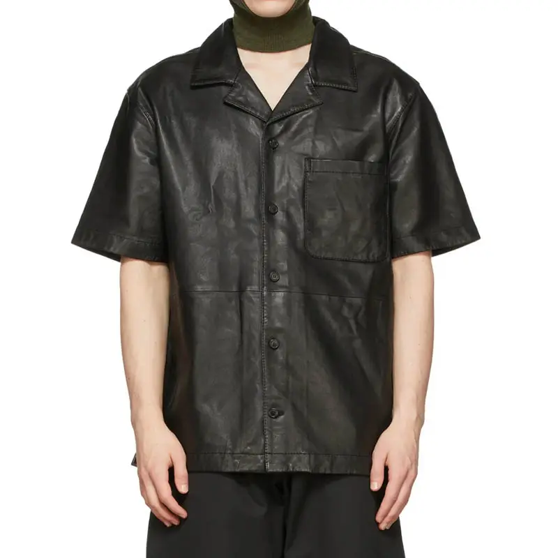 OEM Short Sleeve Black Faux Leather Summer Button Down Shirt Men