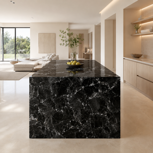 Losa de piedra sinterizada Butanik negra brillante de 1600x3200, 12 mm, base negra, mármol de breca blanca y gris para pared de baño y encimera de cocina - Product Image 3