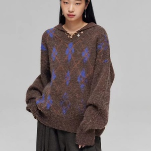 Suéter de mezcla de lana con cuello en V y gran solapa, diseño jacquard con estampado de rombos, ¡Gran Venta! - Product Image 2