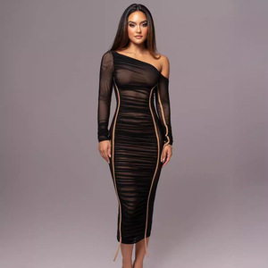 Vestido midi de manga larga con hombros asimétricos y malla de <span class=keywords><strong>patchwork</strong></span> <span class=keywords><strong>para</strong></span> mujer, vestido plisado de moda <span class=keywords><strong>para</strong></span> servicios de agente de compras femeninos - Product Image 2