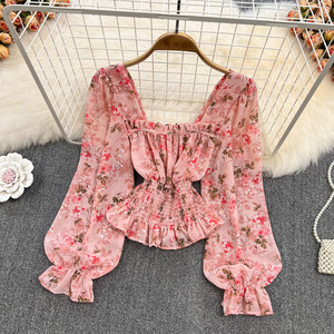 <span class=keywords><strong>Camicia</strong></span> Primaverile Retrò con <span class=keywords><strong>Colletto</strong></span> Quadrato, Maniche a Sbuffo, <span class=keywords><strong>Volant</strong></span> Floreali in Chiffon, Vestibilità Slim con Fiocco, Elegante per Donne - Product Image 6