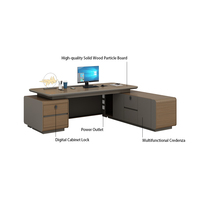 Bureau de direction moderne en forme de L avec double rangement, tiroirs et plateau en bois veiné arrondi