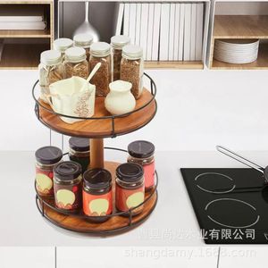 Solid wood double-layer rotating <b>storage</b> rack for <b>dressing</b> <b>table</b>, cosmetics organizer, kitchen countertop, spice bottle <b>storage</b> - Product Image 4