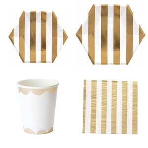 Nueva <span class=keywords><strong>Vajilla</strong></span> Desechable <span class=keywords><strong>de</strong></span> Lujo para Fiestas: Platos, Vasos, Pajitas y Bandeja para Pastel <span class=keywords><strong>de</strong></span> Papel Hexagonal con Lámina Dorada - Product Image 1