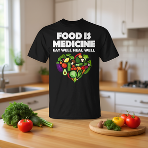 Camiseta Food Is Medicine Eat Well Heal Well Veggie Heart Design Negra Unisex - Product Image 3