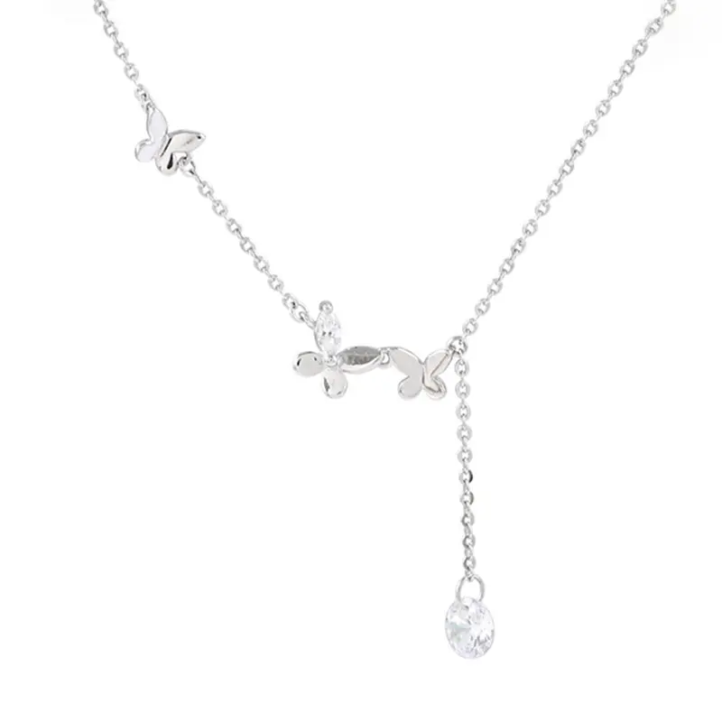 Hot Sale 925 Silver Butterfly Necklace Sweet Diamond Flower Y-Shaped Necklace