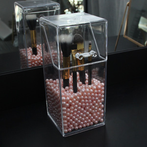 Transparent Makeup Brush Storage <b>Box</b> 9cmx9cmx20.5cm Dustproof Desktop Organizer With Pearl Beads For Cosmetic <b>Tools</b> - Product Image 3