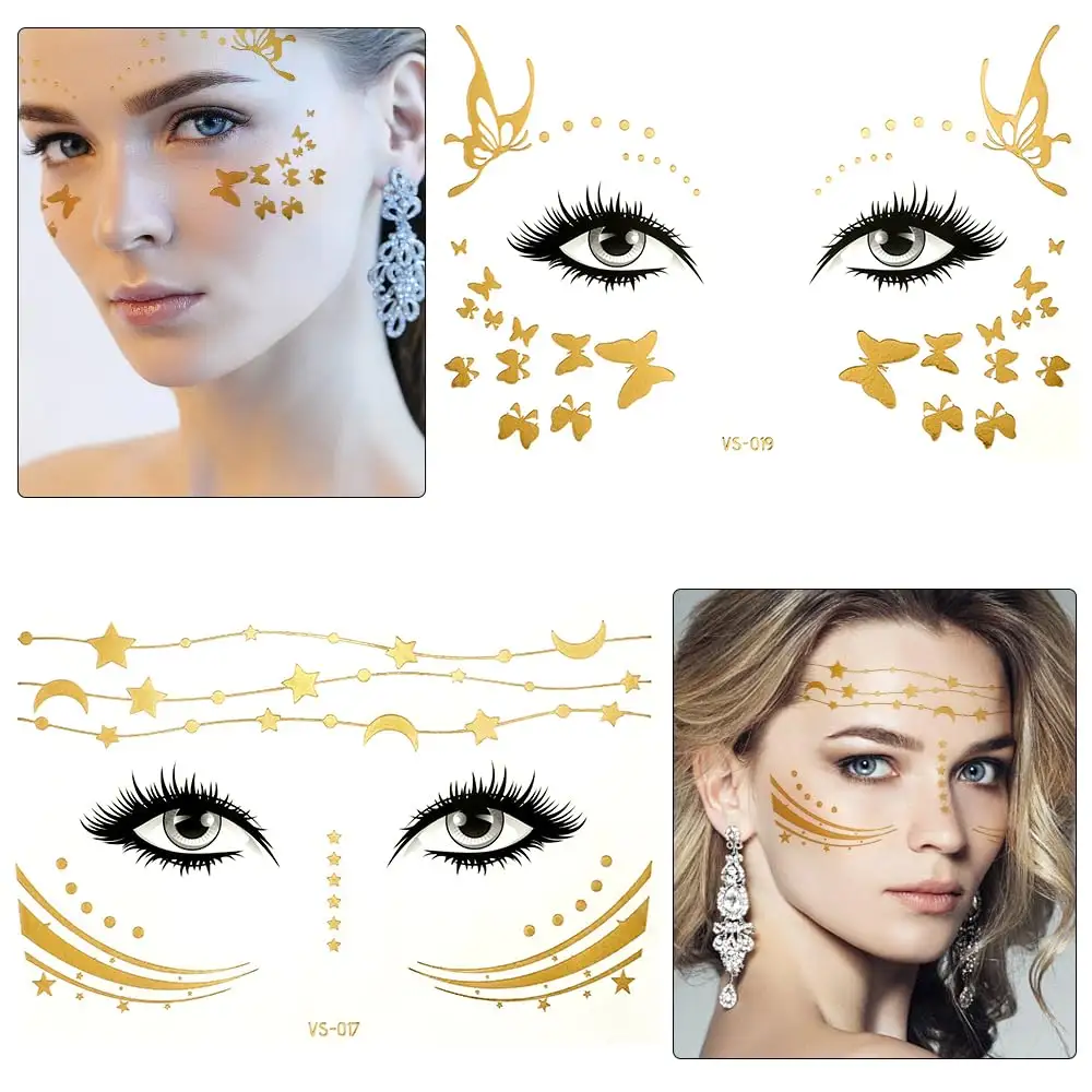 10 Blatt Gesicht Metallic Gold Glitter Gesicht Aufkleber für Frauen Schmetterling Frauen Cosplay Make-up Gesicht Temporäre Tato