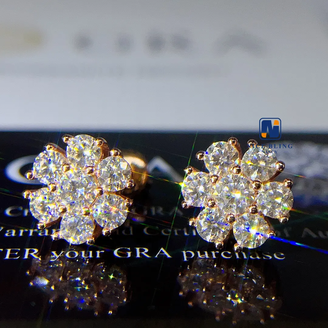 Gold Earrings Jewelry Flower Shape VVS Moissanite Diamond Stud Earrings 925 Sterling Silver Earrings Women