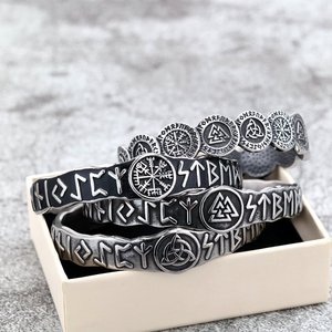 Pulsera vikinga nórdica de acero inoxidable con símbolos vikingos, diseño abierto en forma de C, joyería unisex, regalo para hombres y mujeres - Product Image 1