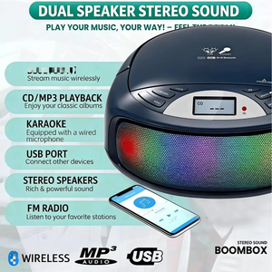 Reproductor de CD portátil personalizado de fábrica con altavoz inalámbrico BT con luz RGB colorida y control remoto para fiestas al aire libre y camping. - Product Image 2