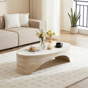 Tavolino <span class=keywords><strong>da</strong></span> Caffè in Fibra di Vetro Wabi Sabi, Design Ovale Organico con Texture Travertino - Product Image 2