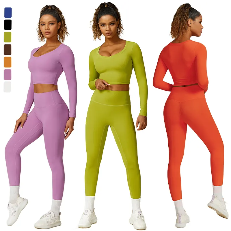 Sports Fitness Clothing Womens Gym Sets Long Sleeve Active Wear Crop Top High Waist Yoga Pants Leggings For Women Workout Set