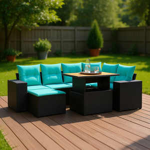 Set di divani da giardino in polyrattan nero da 7 pezzi con cuscini, mobili da esterno in stile contemporaneo, posti a sedere per 7 persone - Product Image 2