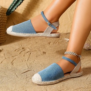 <span class=keywords><strong>Sandalias</strong></span> Planas de Paja y Mezclilla para Mujer, Estilo <span class=keywords><strong>Pescador</strong></span> Romano, Color Sólido, Ligeras y Antideslizantes - Product Image 4