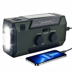 Radio à manivelle d'urgence pour les aventures en plein air, batterie 5000 mAh, panneau solaire, manivelle manuelle, lampe de lecture LED USB-C, sirène SOS, plastique ABS - Product Image 1