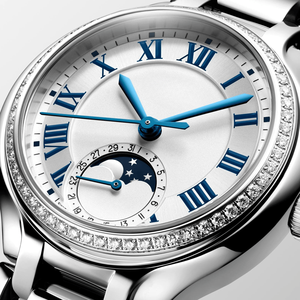 Montre pour femme en acier inoxydable avec cadran blanc à chiffres romains, phase de lune et lunette sertie de diamants Longinesing - Product Image 2