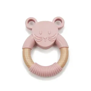 Teether Silicone Ring Can Be Custom Color Low MOQ BPA Free Silicone Wooden Bunny Teether Ring