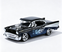 Modelo a Escala 1:24 de Auto Clásico Americano de los Años 50, Hot Rod, Color Negro con Detalles Azules, Modificado, Vintage, Coupé de Techo Rígido