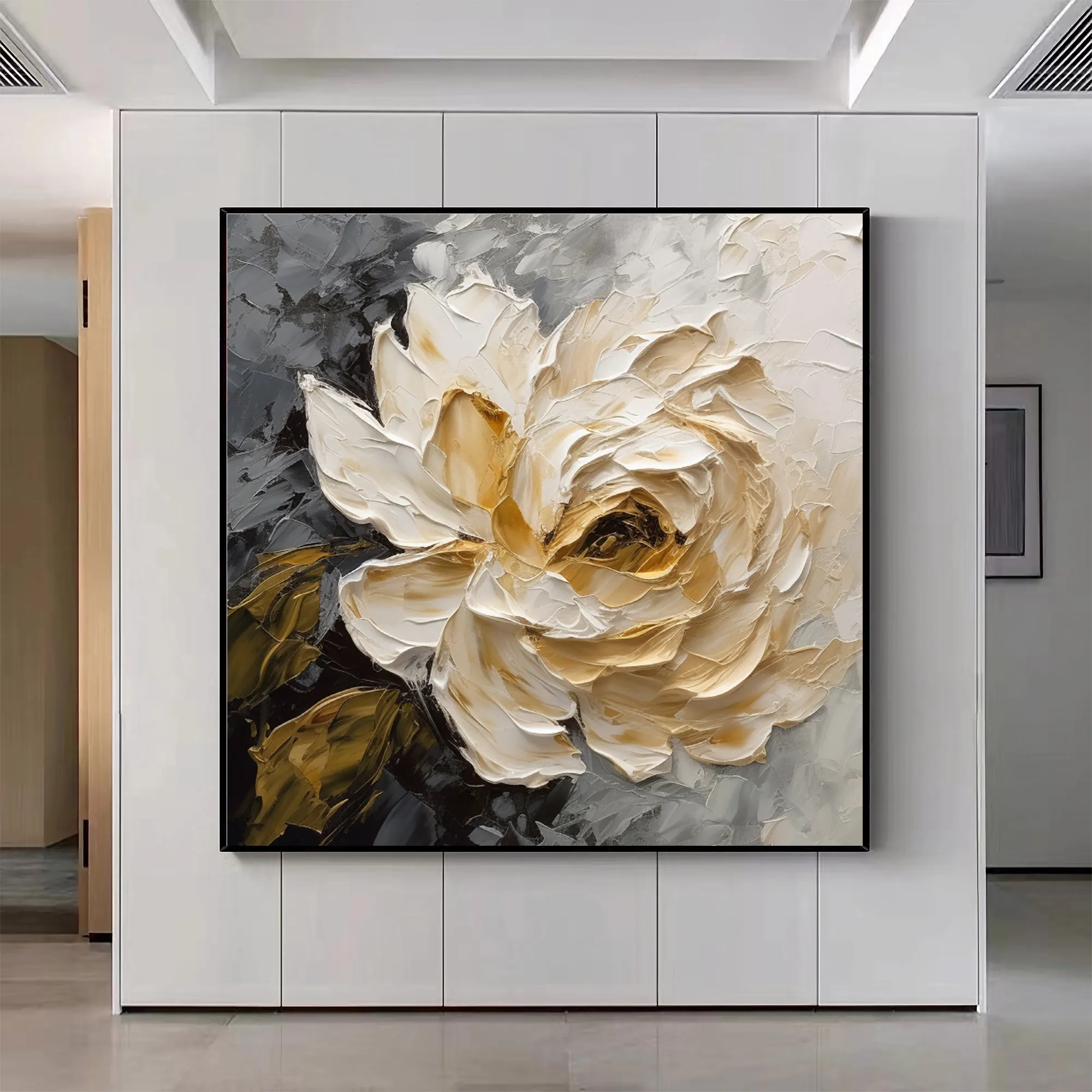 3D 화이트 로즈 꽃 손으로 그린 유화 꽃 3D 질감 벽 예술 미니멀리스트 꽃 그림 침실 벽 장식 선물