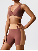 Shorts de yoga côtelés color block pour femme, taille haute, sans couture avant, style cycliste, effet froncé aux fesses, en nylon et élasthanne, pour la gym, l'entraînement et le cyclisme