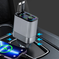   Chargeur de voiture avec câble rétractable, charge rapide pour téléphone portable, chargeur de voiture quatre en un avec lumière ambiante
