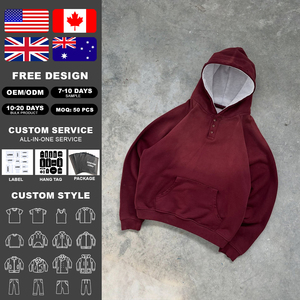 เสื้อสเวตเชิ้ตแบบมีฮู้ดสไตล์วินเทจ OEM Streetwear ล้างสีแบบแอซิด แต่งกระดุมครึ่งตัว ดีไซน์ขาดๆ สำหรับผู้ชาย - Product Image 2