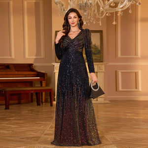 <span class=keywords><strong>Vestido</strong></span> de noche elegante de alta gama para mujer, con textura, cuello en V, manga larga estilo <span class=keywords><strong>princesa</strong></span>, ajustado, brillante, con lentejuelas, <span class=keywords><strong>corte</strong></span> en A, formal, largo. - Product Image 1