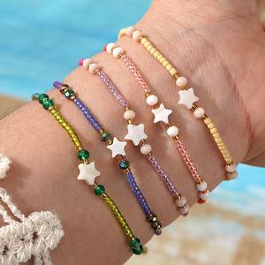 Pulsera Ajustable de Cuentas de Cristal de Colores con Cuentas Espaciadoras de Estrella de Nácar Blanco Estilo Boho, con Cuerda Blanca Trenzada - Product Image 1
