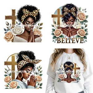 Autocollant DTF thermocollant lavable Prêt à presser pour Sweatshirts, motif Fleur de printemps, Croix, Foi, Filles Afro, Chrétien - Product Image 1