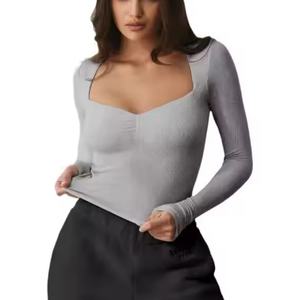 Blusa al por Mayor para Mujer, Tops con Logotipo Personalizado, Cuello Cuadrado, Blusa de Algodón Elástico de Manga Larga, Top Corto - Product Image 5