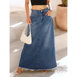 Jupe longue en jean vintage personnalisée pour femme, taille haute, coupe trapèze, ourlet effiloché, avec poches - Product Image 2