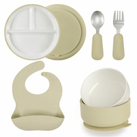 Nouvelle Arrivée Vaisselle en Porcelaine pour Enfants Assiette et Bol en Céramique Rond avec Manchon en Silicone et Base Ventouse pour Bébés et Tout-Petits