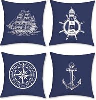 Taie d'oreiller bleu marine nautique, motif ancre, tour de phare, bateau à voile, boussole, décoration de canapé-lit, décoration résidentielle au bord du lac