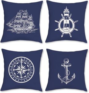<span class=keywords><strong>Funda</strong></span> de <span class=keywords><strong>almohada</strong></span> <span class=keywords><strong>azul</strong></span> marino náutico, diseño de torre de luces con ancla y brújula de velero, para sofá cama, decoración residencial junto al lago - Product Image 1